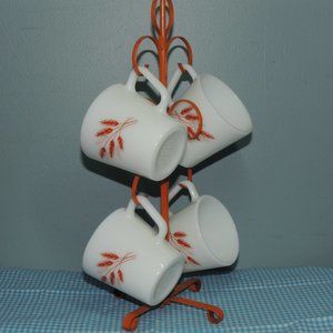 PYREX Corning HARVEST WHEAT Mug D Handle Milk Glass *set of 4* with stand